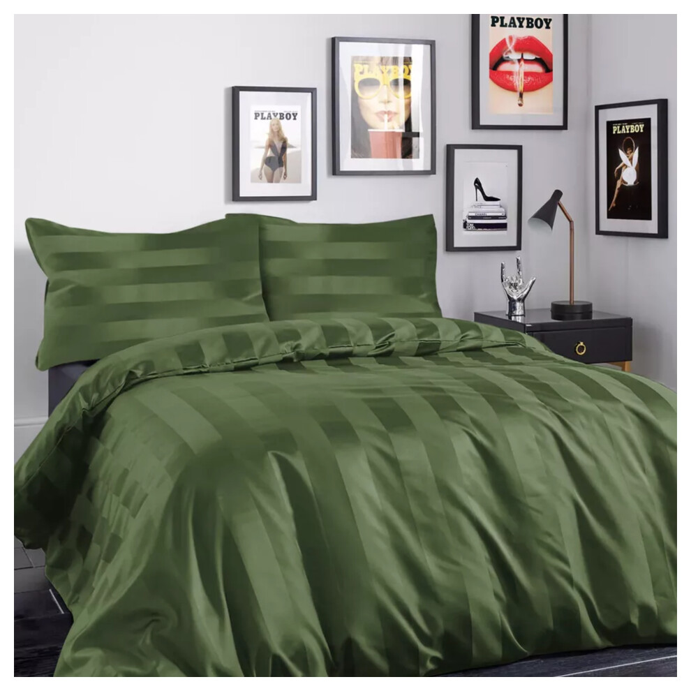 (Olive Green, Single) Stripe Duvet Cover Set Bed Quilt & Pillowcase Pair