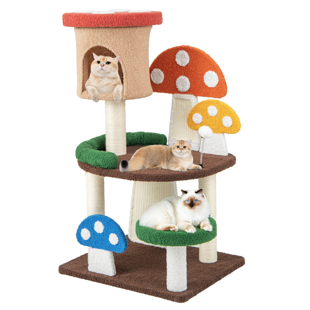 4-In-1 Mushroom Cat Tower Wooden Cat Tree Activity Center Climbing Stand