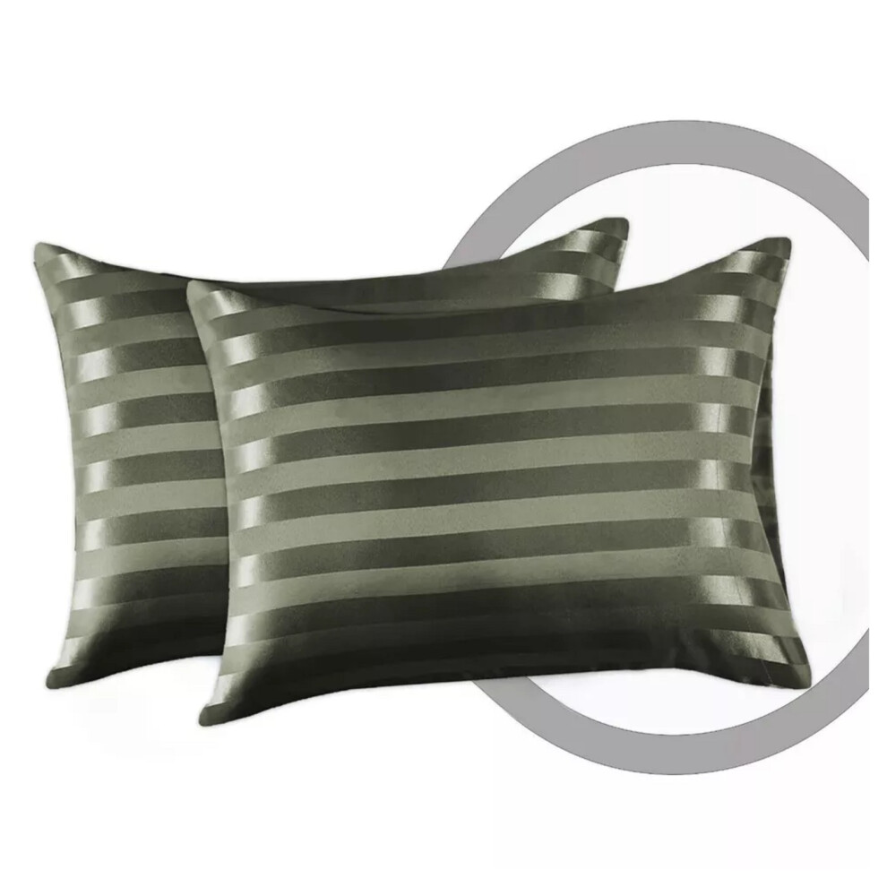 Imperial Rooms (Olive 2-Pack Pillowcase Satin Stripe) Stripe Duvet Cover Set Bed Quilt & Pillowcase Pair Green