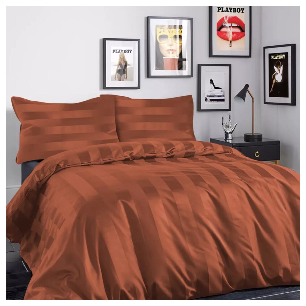 (Rust/Orange, Double) Stripe Duvet Cover Set Bed Quilt & Pillowcase Pair