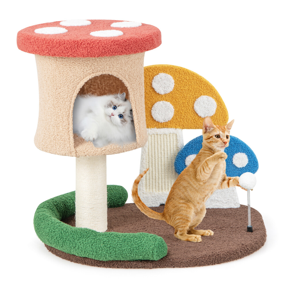 Mushroom Cat Tower 4-In-1 Wooden Cat Tree Activity Center Climbing Stand