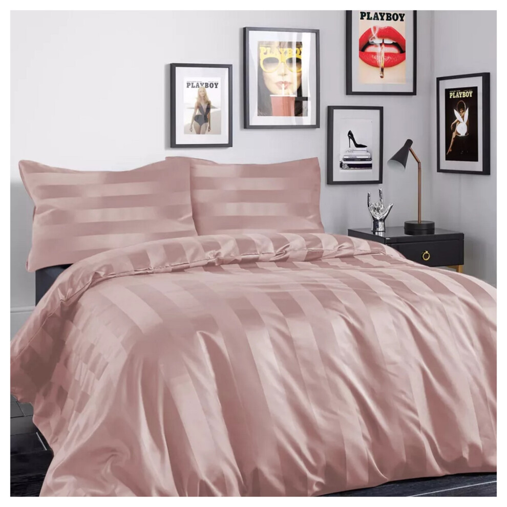 (Peach, Double) Stripe Duvet Cover Set Bed Quilt & Pillowcase Pair