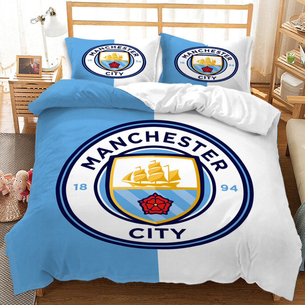 (Blue, 2Pcs 90*200cm) Gift For Manchester City Fans Bedding Set Duvet Covers + Pillowcase