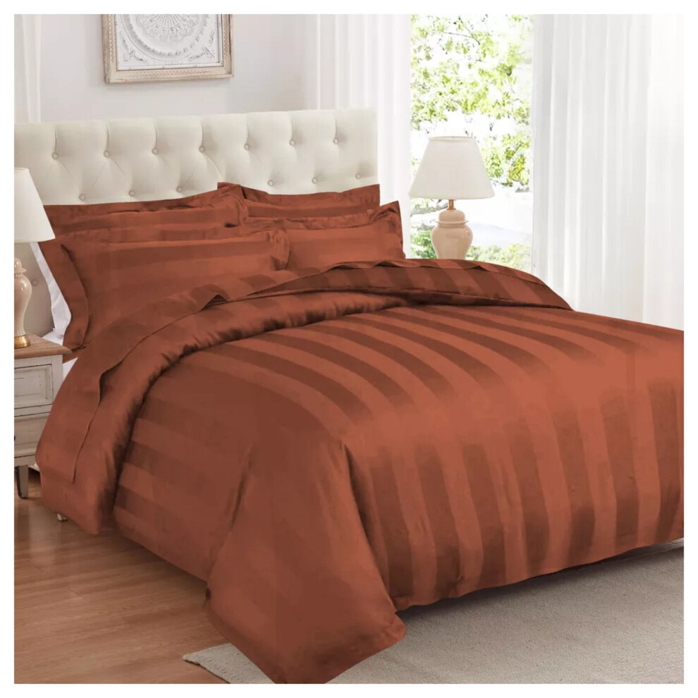 (Rust/Orange, Super King) Stripe Duvet Cover Set Bed Quilt & Pillowcase Pair