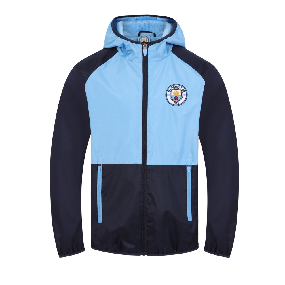(Navy Sky Blue, Large) Manchester City FC Official Football Gift Mens Shower Jacket Windbreaker