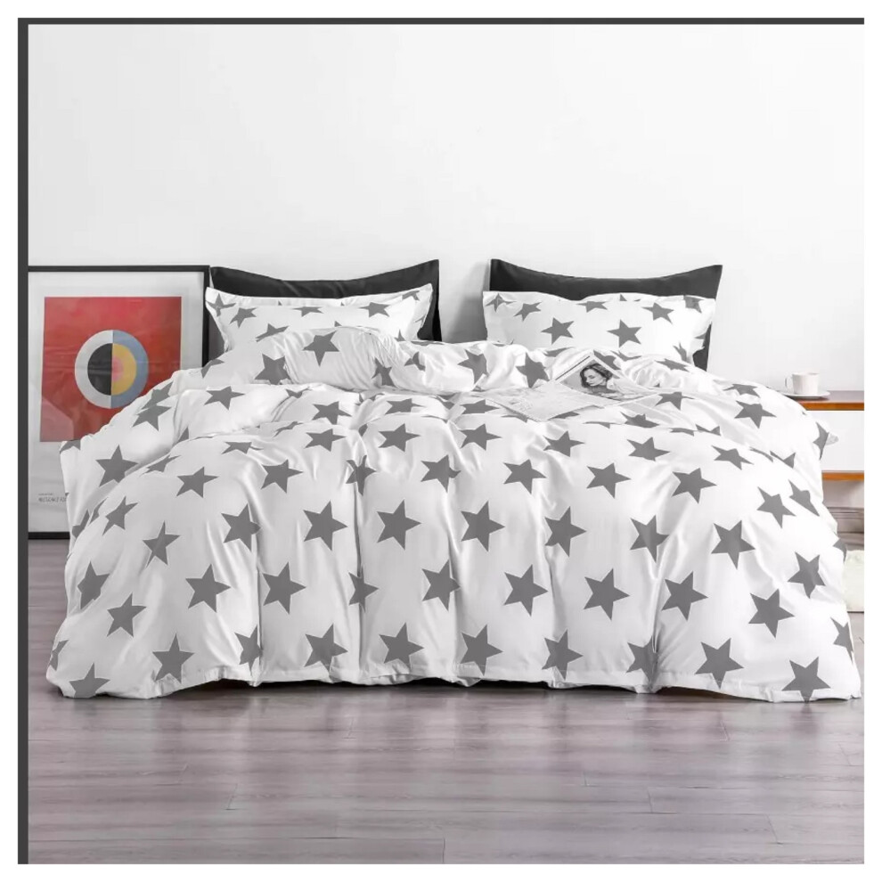 (Grey Star, Double) Printed Duvet Quilt Covers Reversible Floral Soft Bedding Set All UK Sizes