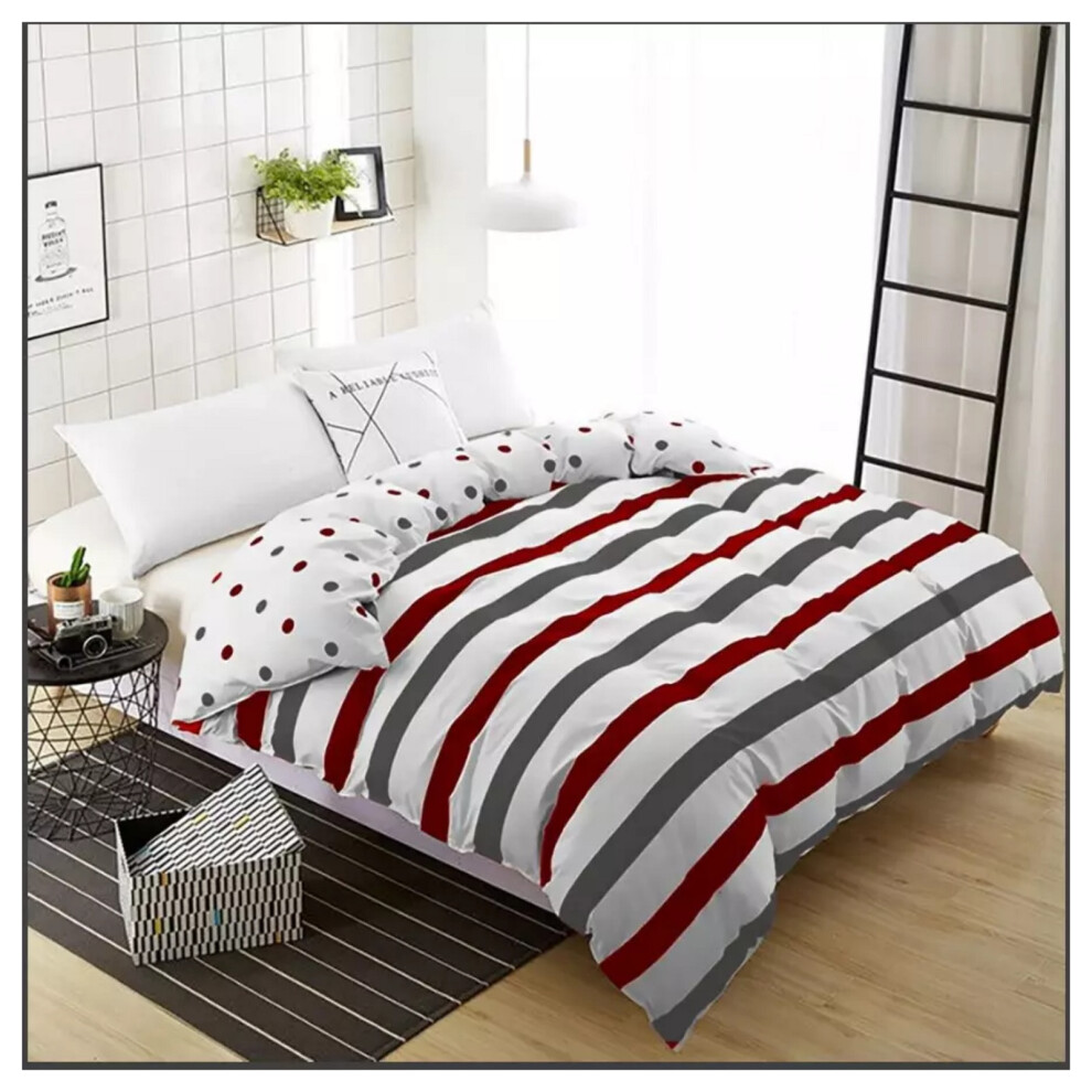 (Maroon Stripe, Double) Printed Duvet Quilt Covers Reversible Floral Soft Bedding Set All UK Sizes