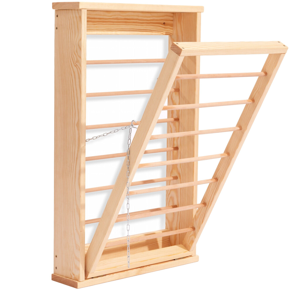 Natural Wall Mounted Wooden Clothes Drying Rack with Double side Rails - Foldable and Space-Saving Clothes Airer