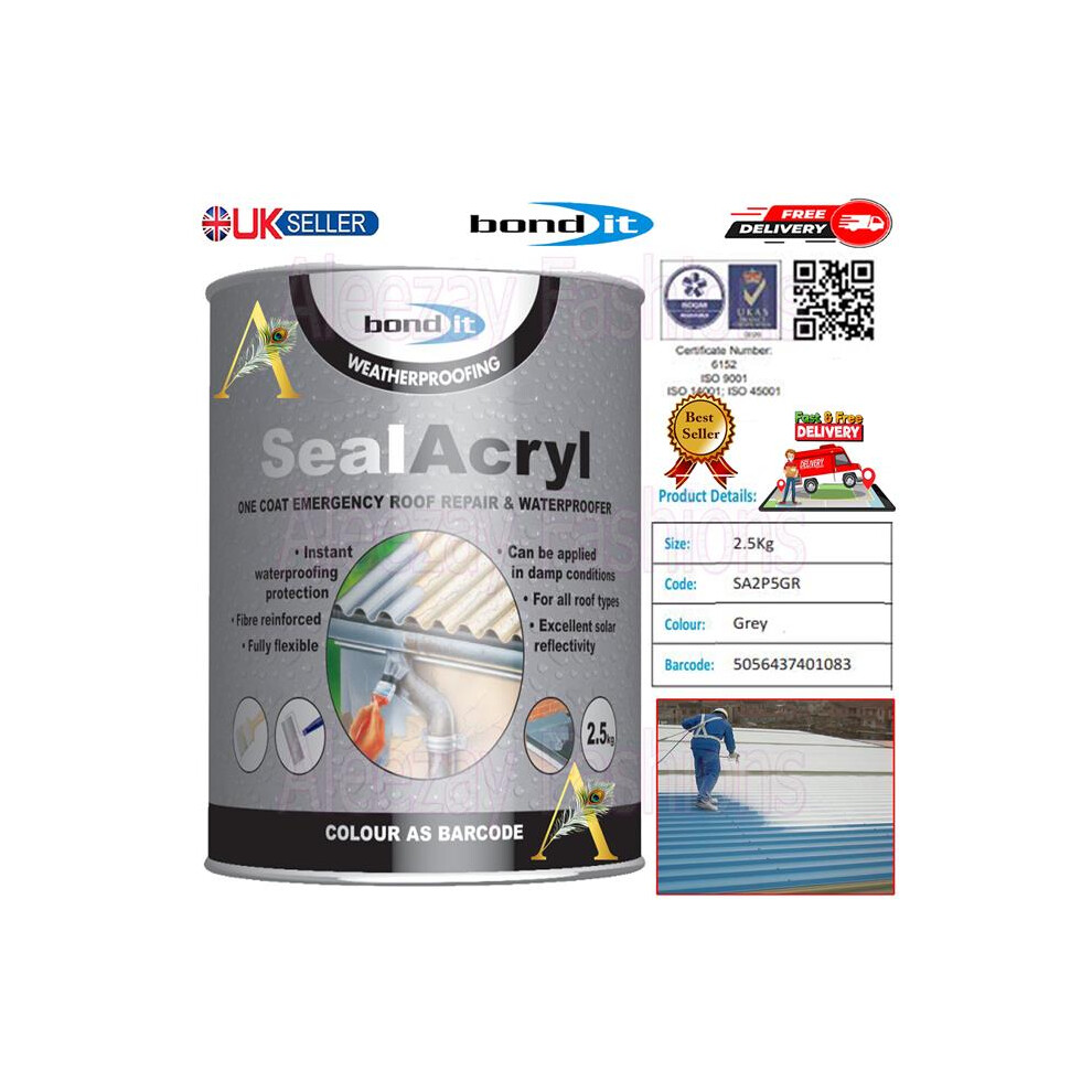 Bond It 2.5KG Seal Acryl Roof Repair Paint Grey Roofing Waterproofer