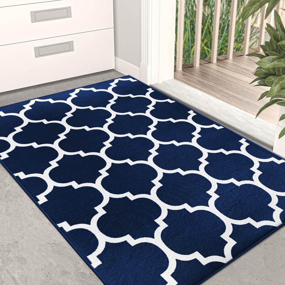 (AVA NAVY, 60cm x 110cm (2ft x 3ft 7")- Large Door Mat) Non Slip Area Rugs Printed Geometric Carpets Mats