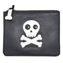 Leather Skulls Skeleton Coin & Card Purse - Premium Soft Leather, Zipped Coin & Card Section, Skull Applique Front & Blind Embossed Back (485 11)