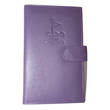 Purple Leather Golf Scorecard Holder - UK & European Card Compatibility, Tab Closure with Pencil Loop, 15.5 x 9.5 cm, Embossed Leather, Ideal Gift
