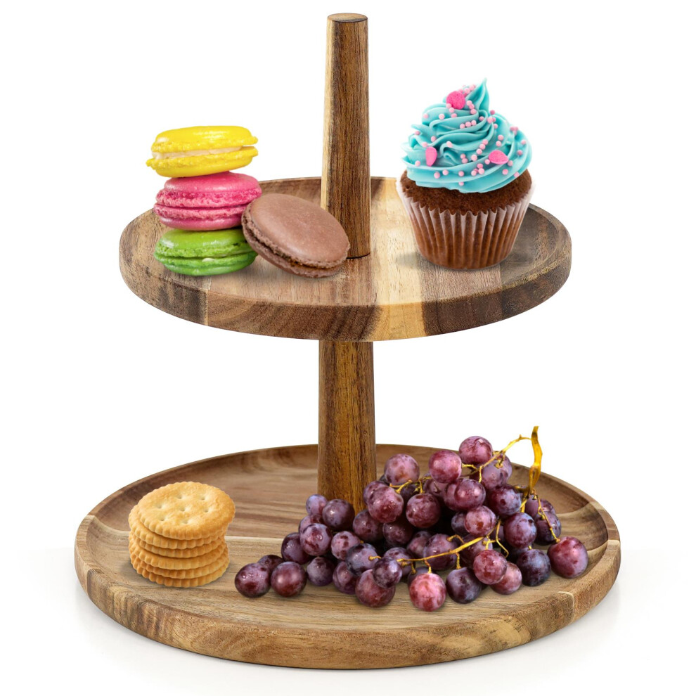 GEEZY 2 Tier Wooden Food Stand Round Acacia Wood Serving Tray Cup Cake Tiered Display