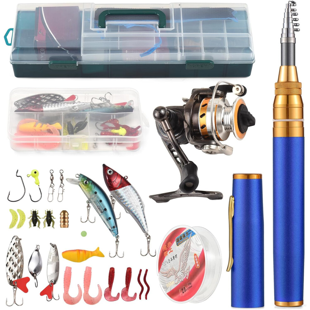 (1.95M, Blue) Fishing Rod and Reel Combos Telescopic Fishing Pole with Spinning Reel Combo Kit Fishing Line Lures Hooks Swivels Set
