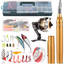 (1.75M, Gold) Fishing Rod and Reel Combos Telescopic Fishing Pole with Spinning Reel Combo Kit Fishing Line Lures Hooks Swivels Set