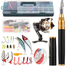 (1.95M, Black) Fishing Rod and Reel Combos Telescopic Fishing Pole with Spinning Reel Combo Kit Fishing Line Lures Hooks Swivels Set