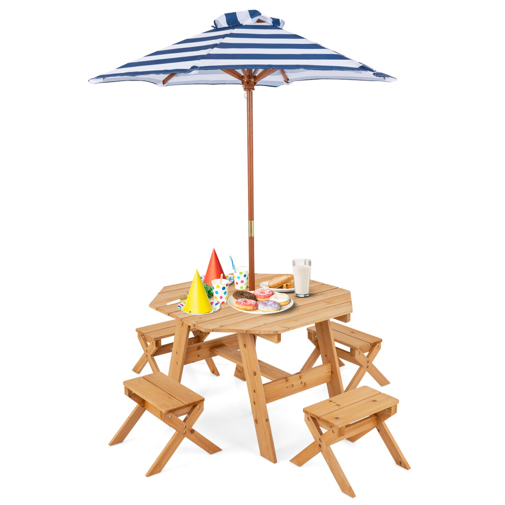 Wooden Octagon Table Set Kids Picnic Table & 4 Chairs w /Umbrella