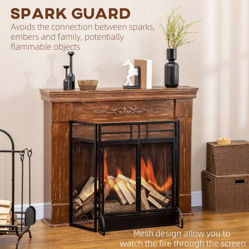 Homcom HOMCOM 3-Panel Folding Freestanding Fireplace Screen with Door Metal Mesh, Black 1