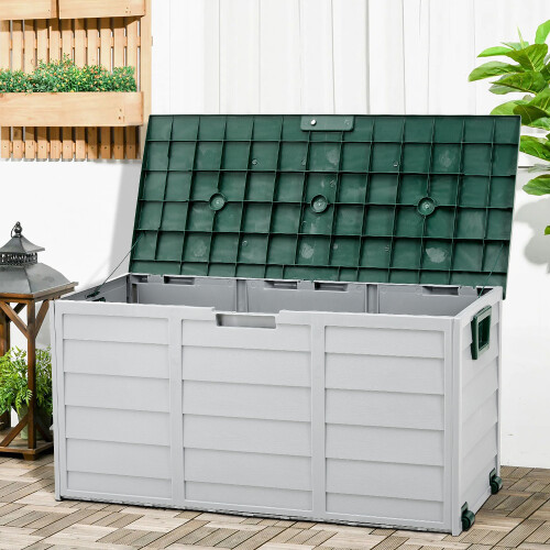 Living And Home (Green+Light Grey) 290L Plastic Outdoor Garden Tool Storage Deck Box with Wheels 2
