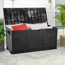 (Black) 290L Plastic Outdoor Garden Tool Storage Deck Box with Wheels
