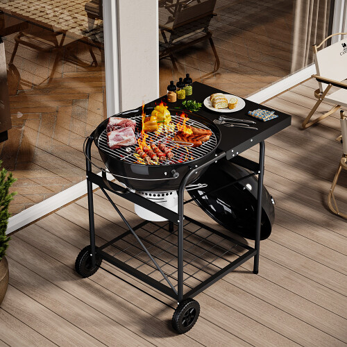 Living And Home Outdoor Round Charcoal Grill with Side Table