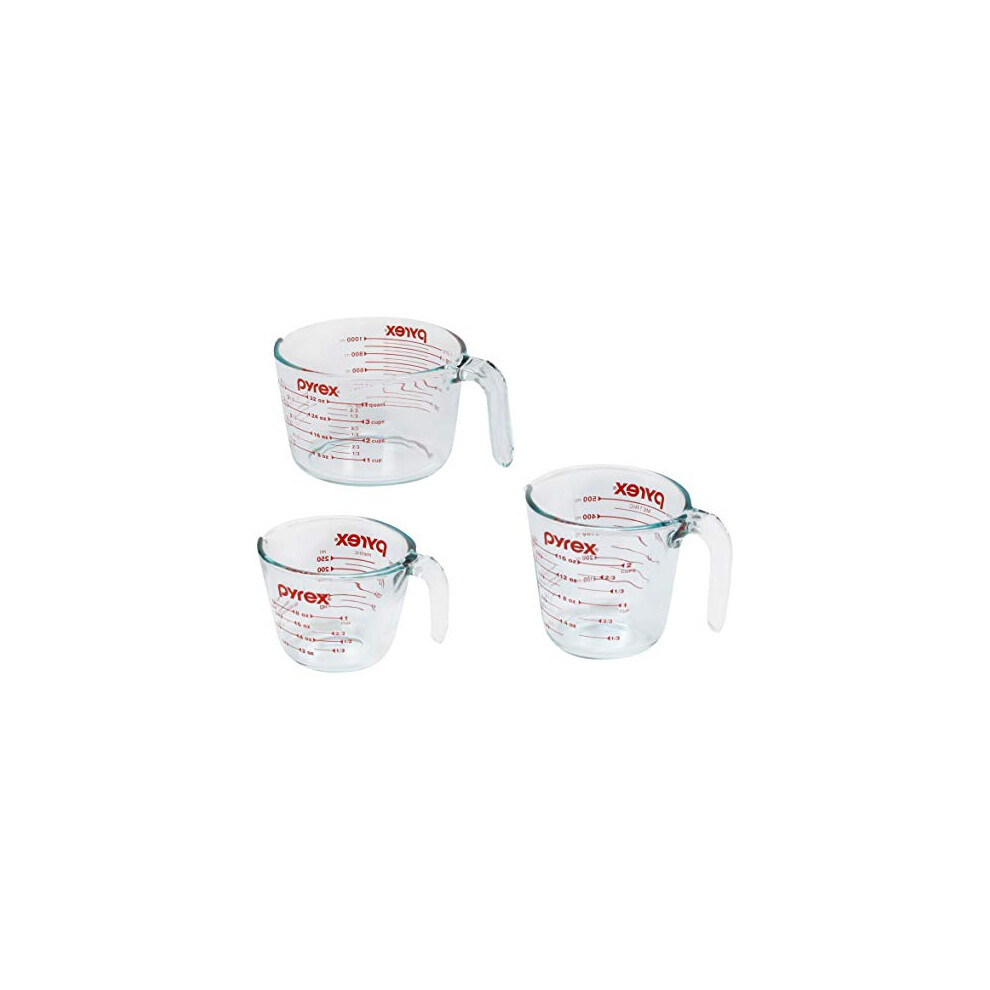 Pyrex 3 Piece glass Measuring cup Set, Includes 1-cup, 2-cup, and 4-cup Tempered glass Liquid Measuring cups, Dishwasher, Freezer, Microwave, and Preh