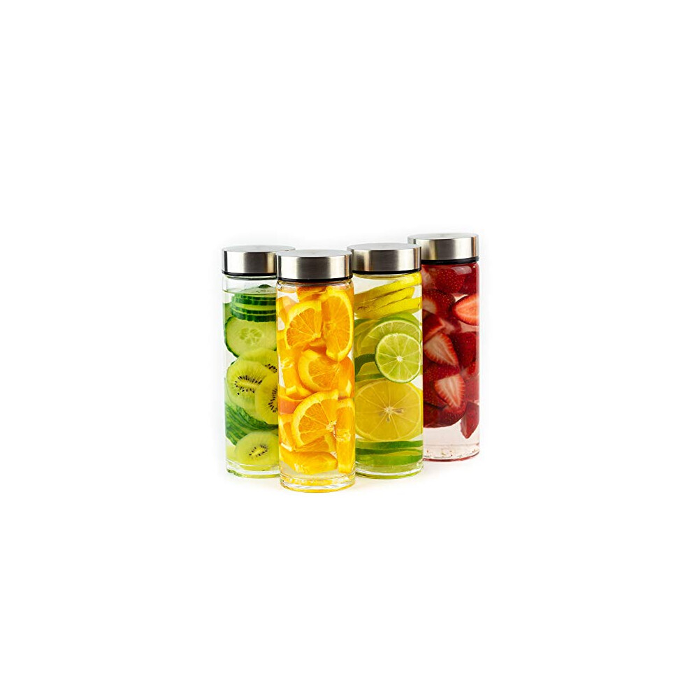 Juice Bottles - 4 Pack Wide Mouth glass Bottles with Lids - for Juicing, Smoothies, Infused Water, Beverage Storage - 16oz, BPA Free, Stainless Steel