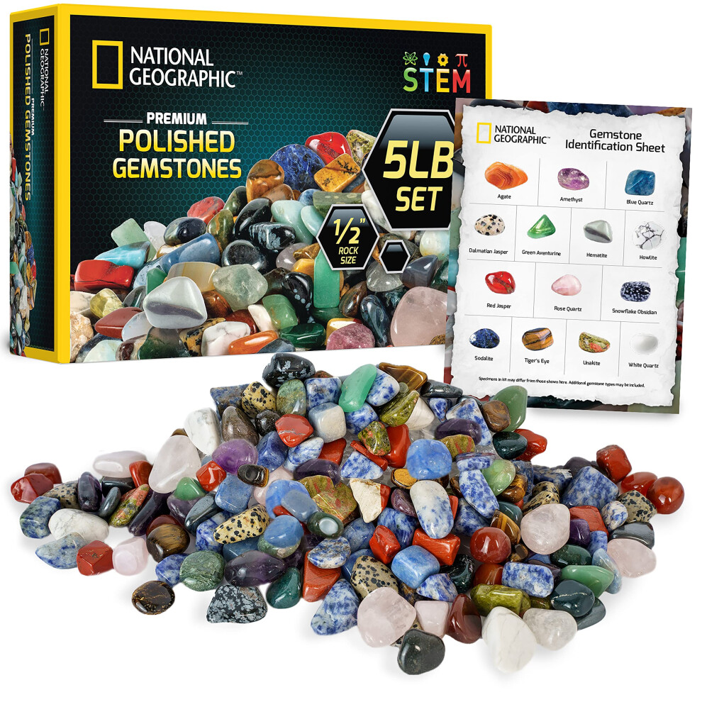 NATIONAL gEOgRAPHIc Premium Polished Stones - 5 Pounds of 12-Inch Tumbled Stones and crystals Bulk, Arts and crafts, Rock and Mineral Kit, Rocks for K