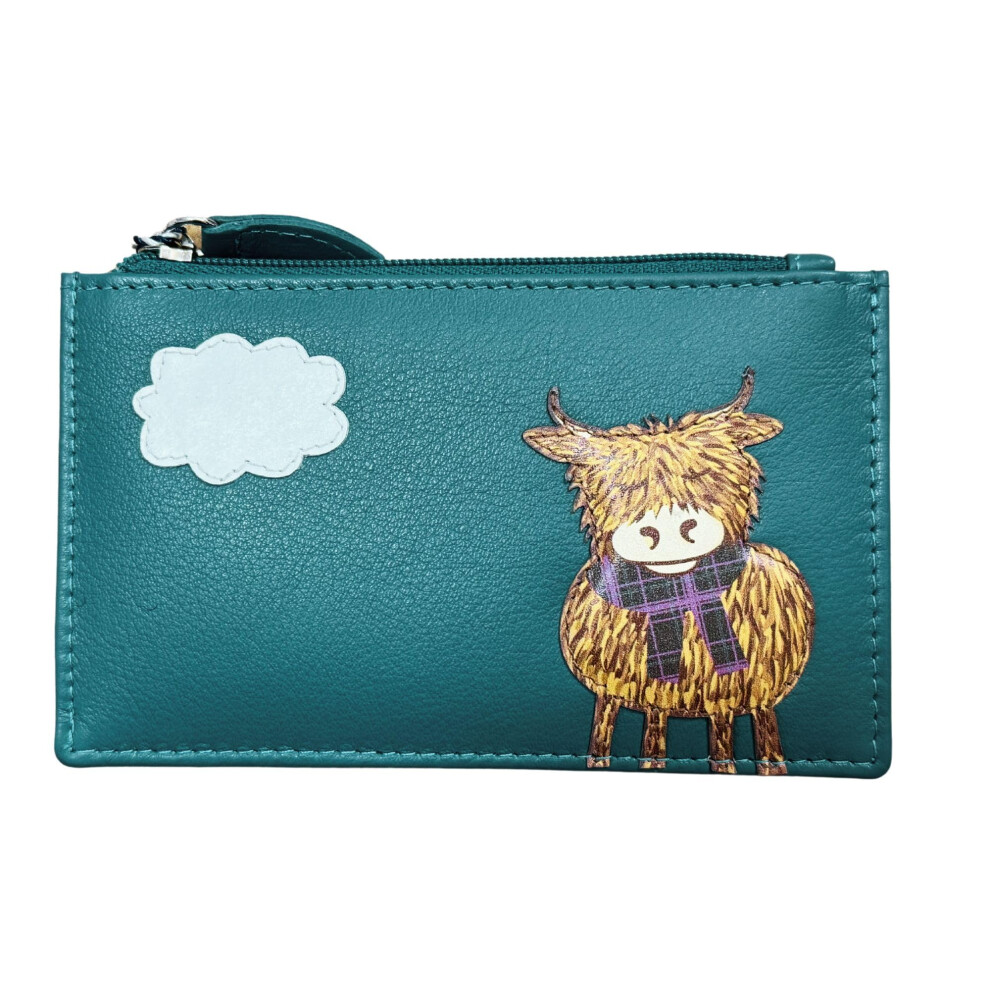 (Teal) Highland Cow Leather RFID Card & Coin Purse