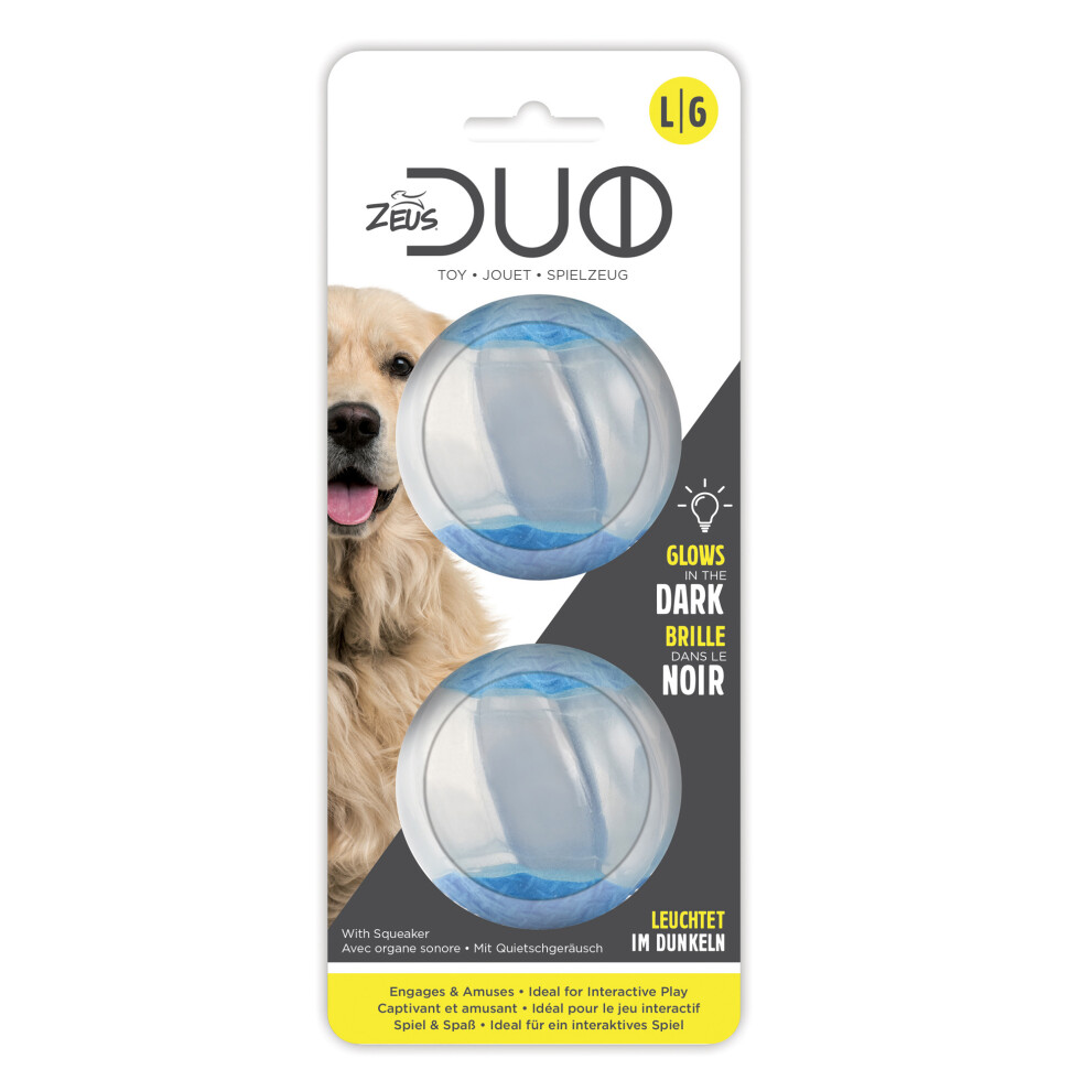 (6.3cm, Squeaker & Glo 2pk) Dog Ball Toys Zeus Duo Squeak Glow in the Dark Bouncy Flashing Puppy Fetch Play