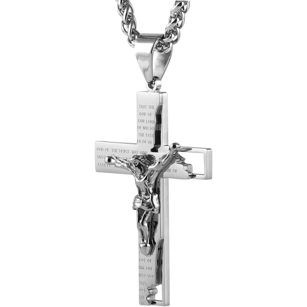 Men's Stainless Steel Cross Crucifix Bible Prayer Pendant Necklace 22+2" Chain