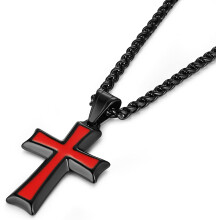 (Black Red) Mens Stainless Steel Cross Pendant Necklace with Wheat Chain