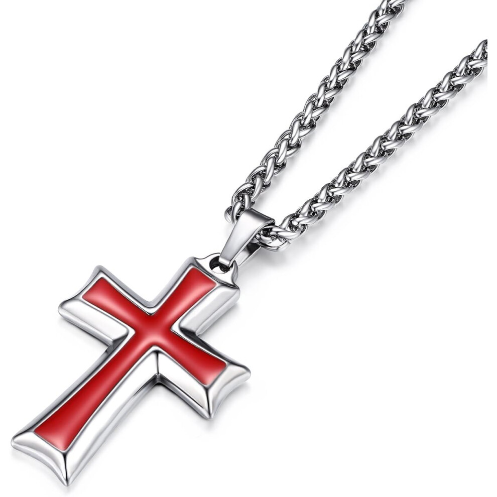 (Silver Red) Mens Stainless Steel Cross Pendant Necklace with Wheat Chain