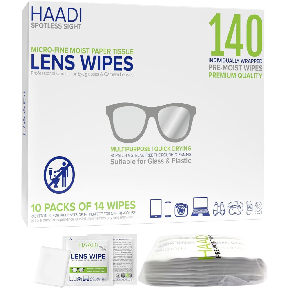 Haadi Glasses Cleaner Wipes 140 Individually Wrapped Lens Wipes
