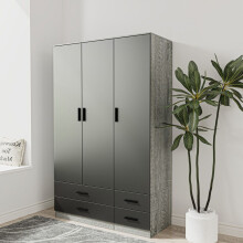 (Ash Grey & Black) 3 Door 4 Drawer Wardrobe Storage Shelf Hanging Bedroom Modern Furniture