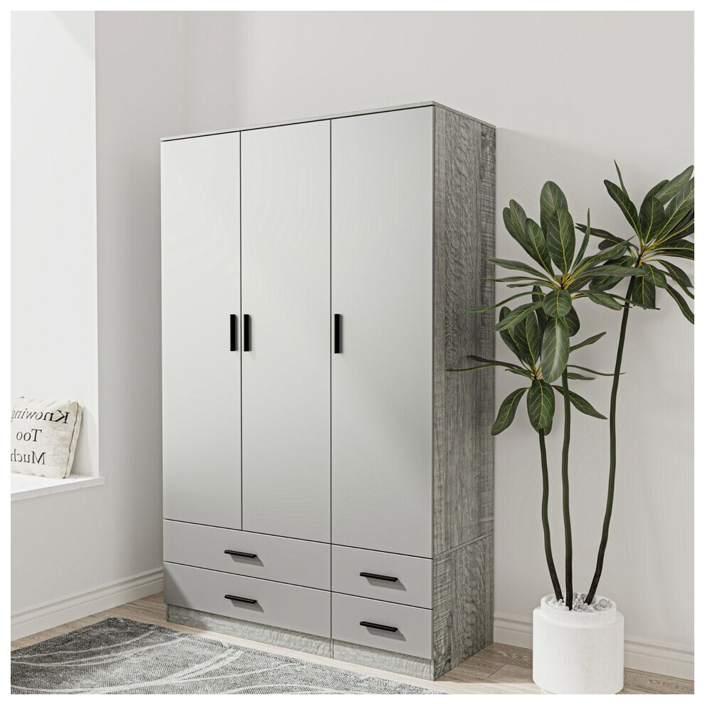 (Ash Grey & Cool Grey) 3 Door 4 Drawer Wardrobe Storage Shelf Hanging Bedroom Modern Furniture