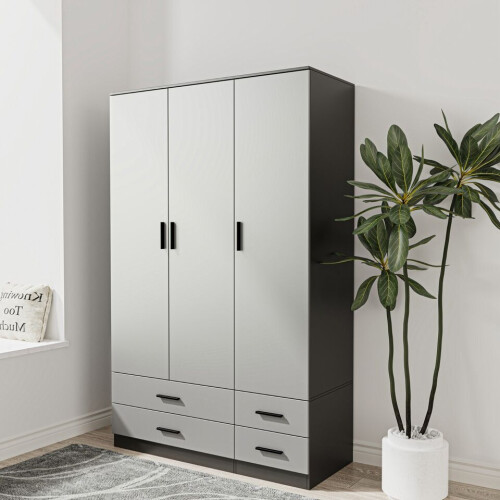 URBN Living (Black & Grey) 3 Door 4 Drawer Wardrobe Storage Shelf Hanging Bedroom Modern Furniture