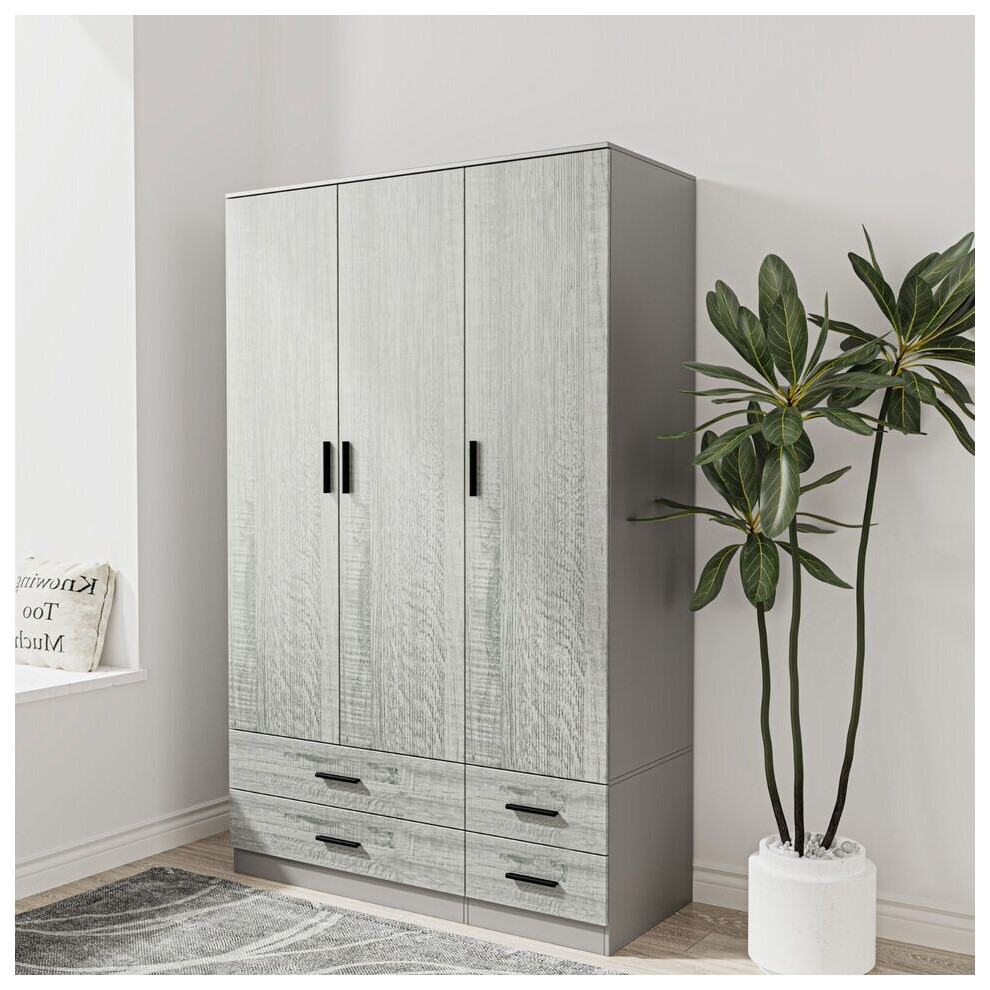 (Grey & Ash Grey) 3 Door 4 Drawer Wardrobe Storage Shelf Hanging Bedroom Modern Furniture