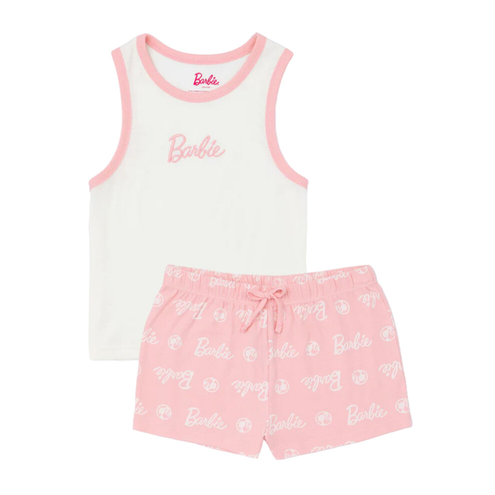 (12 UK, Pink/White) Barbie Womens/Ladies Short Pyjama Set