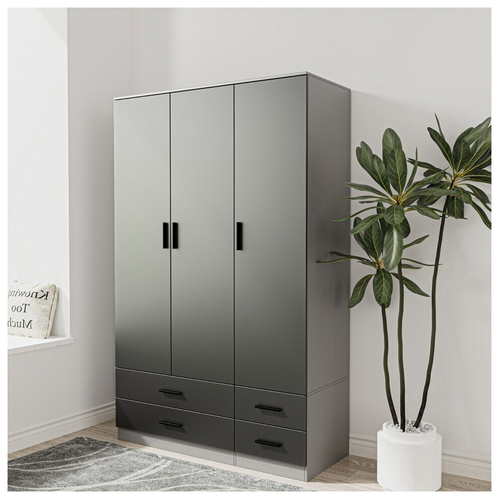 Urbn Living (Grey & Black) 3 Door 4 Drawer Wardrobe Storage Shelf Hanging Bedroom Modern Furniture