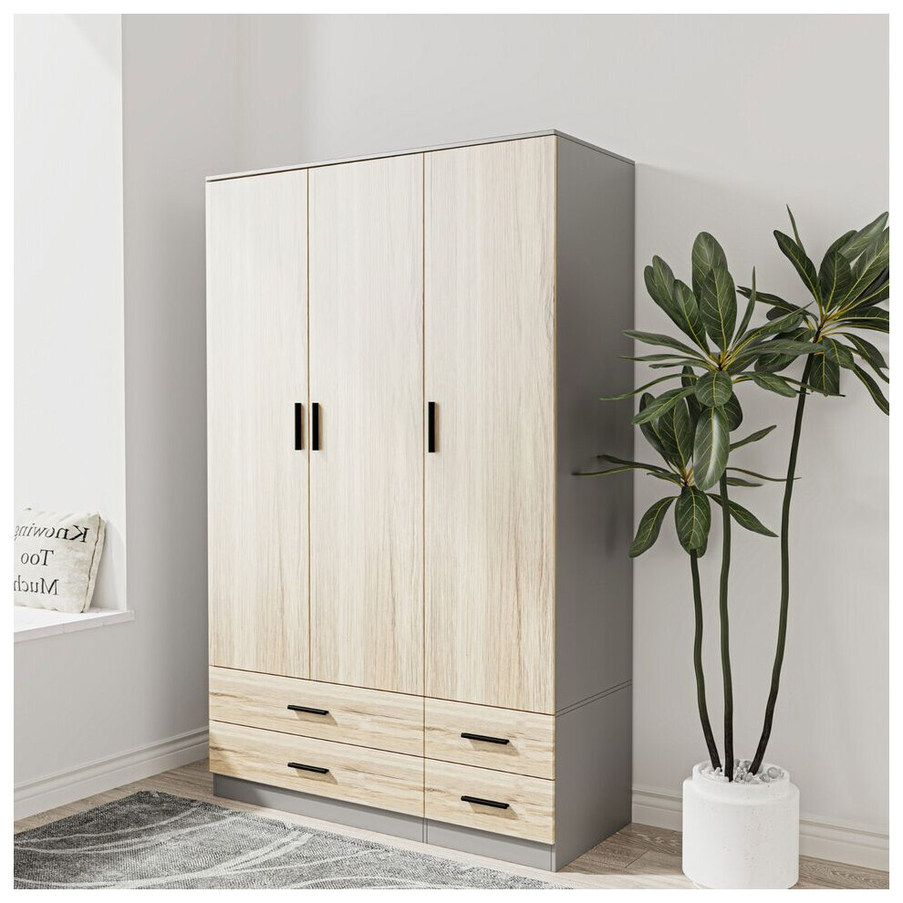 (Grey & Oak) 3 Door 4 Drawer Wardrobe Storage Shelf Hanging Bedroom Modern Furniture