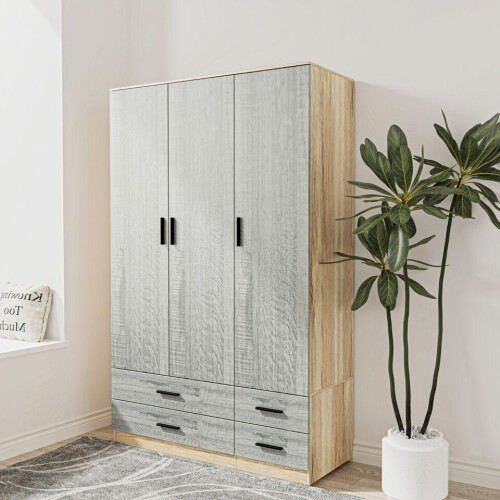 URBN Living (Oak & Ash Grey) 3 Door 4 Drawer Wardrobe Storage Shelf Hanging Bedroom Modern Furniture