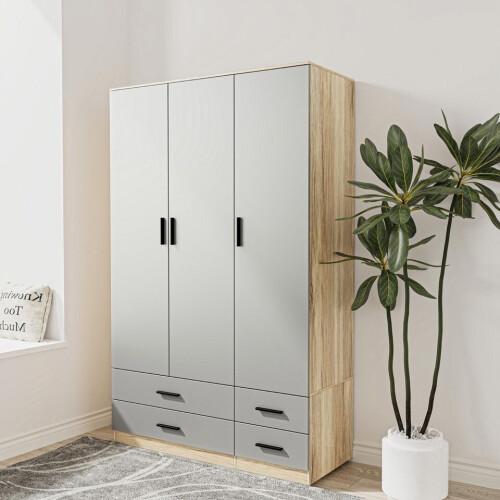 URBN Living (Oak & Grey) 3 Door 4 Drawer Wardrobe Storage Shelf Hanging Bedroom Modern Furniture