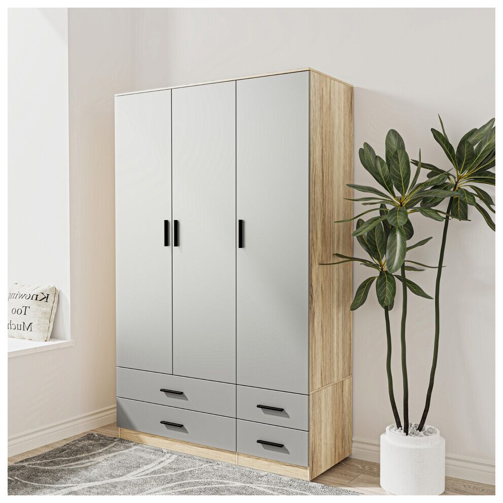 Urbn Living (Oak & Grey) 3 Door 4 Drawer Wardrobe Storage Shelf Hanging Bedroom Modern Furniture