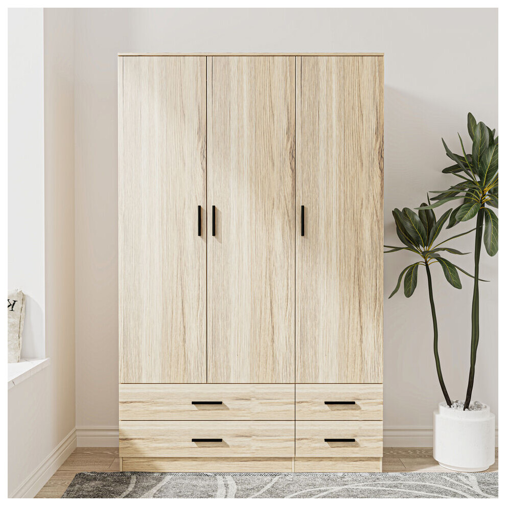 Urbn Living (Oak) 3 Door 4 Drawer Wardrobe Storage Shelf Hanging Bedroom Modern Furniture
