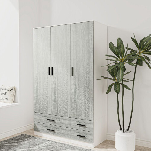 URBN Living (White & Ash Grey) 3 Door 4 Drawer Wardrobe Storage Shelf Hanging Bedroom Modern Furniture