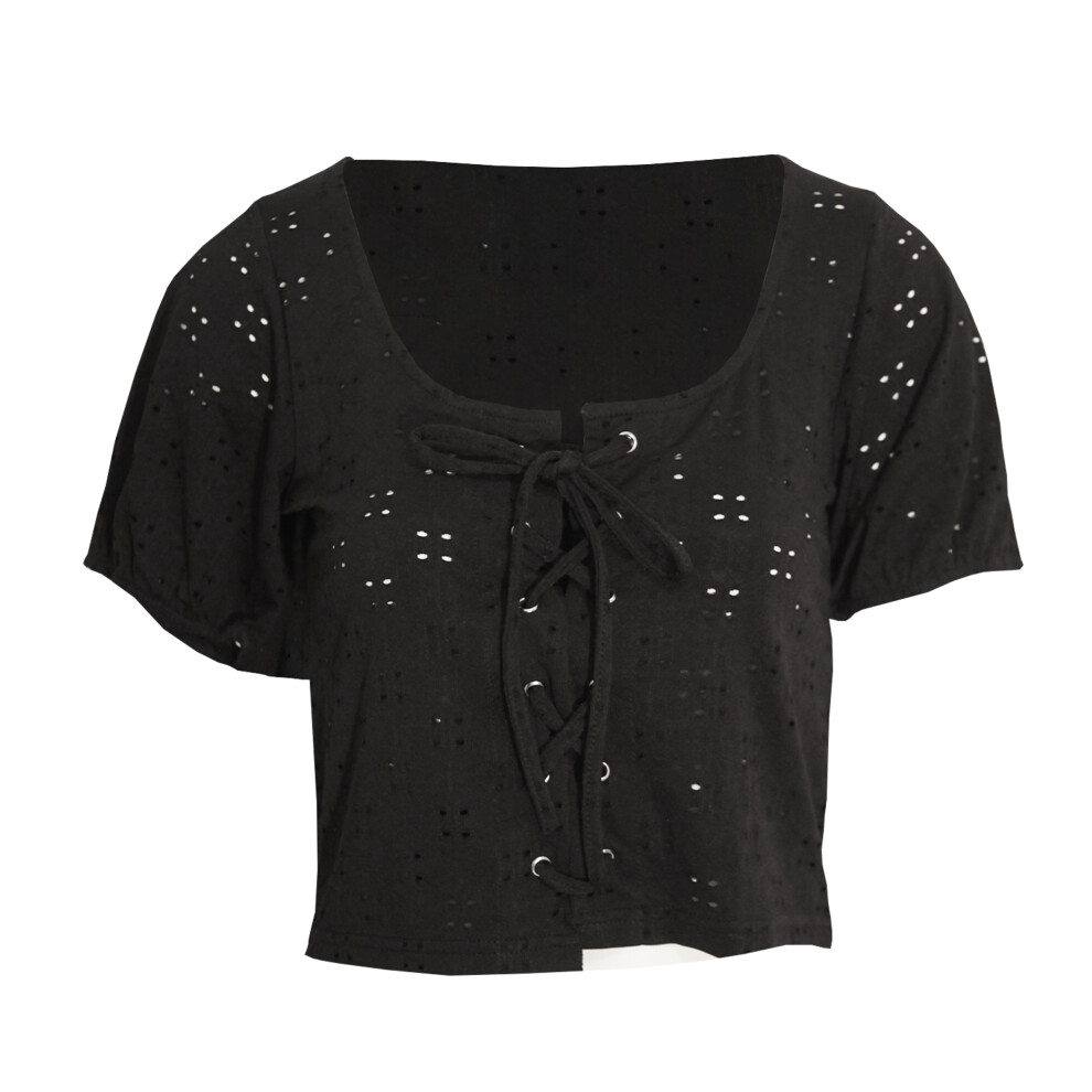 (XS, Black) Brave Soul Womens/Ladies Tessa Broderie Anglaise Lace-Through Top