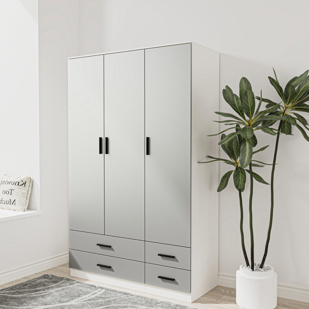 Urbn Living (White & Grey) 3 Door 4 Drawer Wardrobe Storage Shelf Hanging Bedroom Modern Furniture