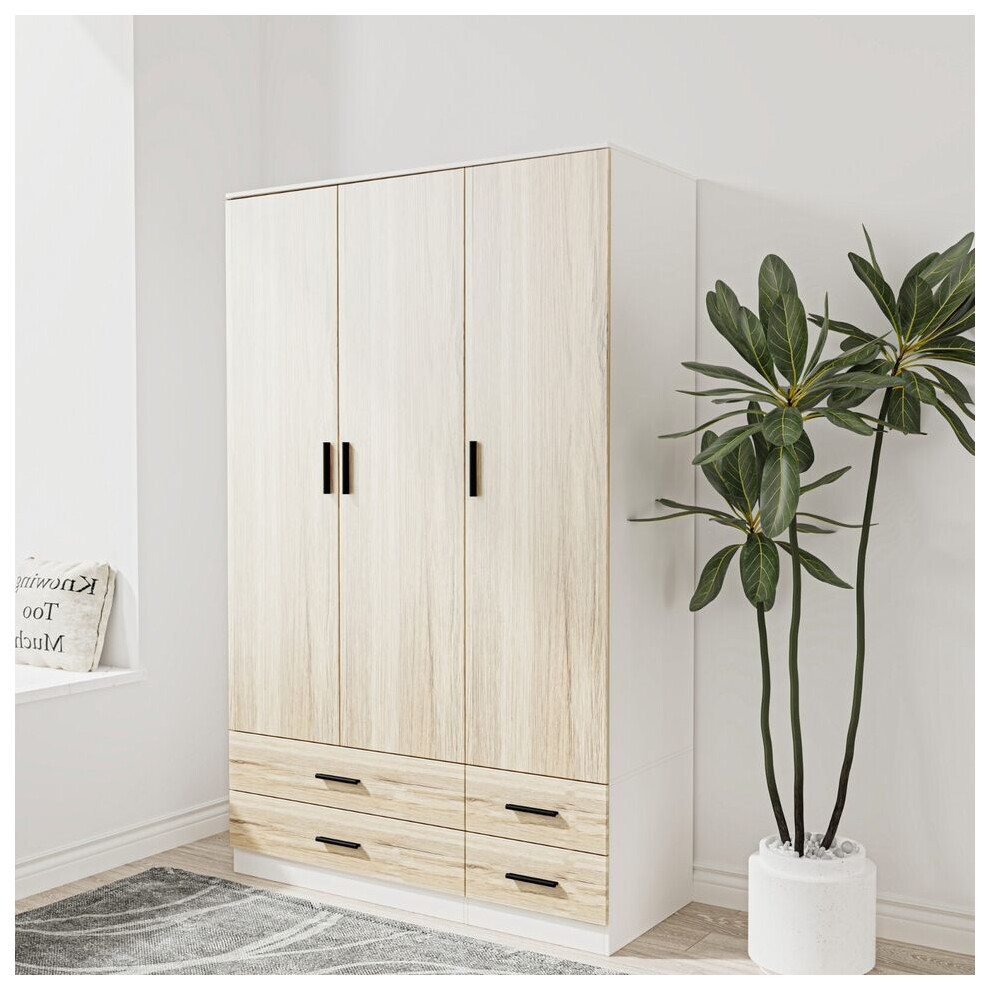 Urbn Living (White & Oak) 3 Door 4 Drawer Wardrobe Storage Shelf Hanging Bedroom Modern Furniture