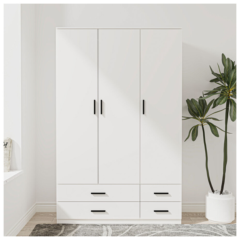 (White) 3 Door 4 Drawer Wardrobe Storage Shelf Hanging Bedroom Modern Furniture